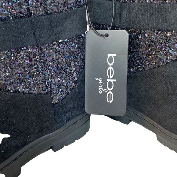 New Bebe Girls Black with Glitter and Bow Faux Suede Boots Size 7 Faux Fur Linin - Picture 5 of 10